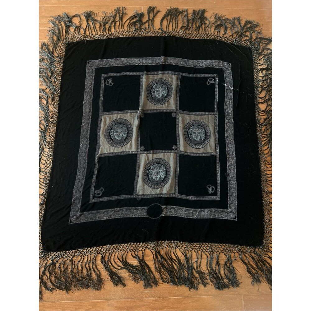 Velevey Black Purple Scarf Tassels Baroque Medusa 60in X 60in Silk